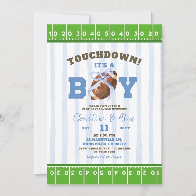 Convite Chuva de Azul Quirky Touchdown Menino Baby Shower (Frente)