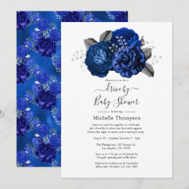 Convite Chuva de Azul Real e Floral Prateado