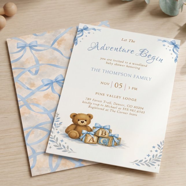 Convite Chuva de Azul - Teddy Bear em Aquarela - Chá de Be (Blue Bow Watercolor Teddy Bear Baby Shower Invitation)