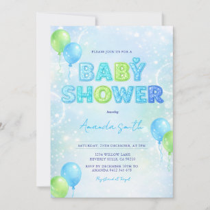 Convite Chuva de Azul Verde Brilho arco-íris baby shower