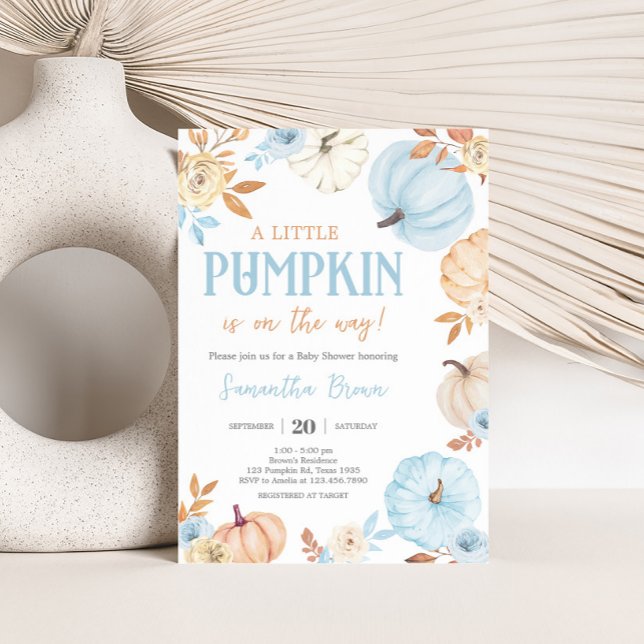 Convite Chuva de Baby Pequena Abóbora Azul (Boy Little Pumpkin Fall Baby Shower Invitation)