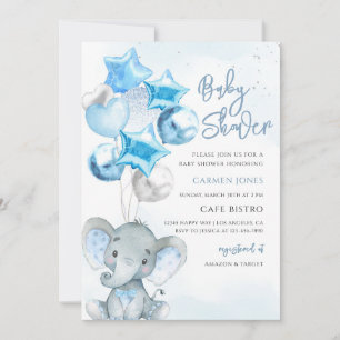 Convite Chuva de Balão Azul Elefante Menino Baby Shower