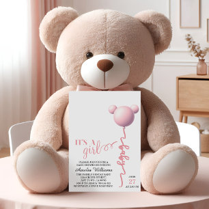 Convite Chuva de Balão de Teddy Rosa É uma Menina