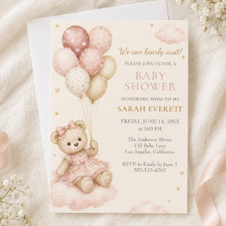 Convite Chuva de Balão de Urso de Pelúcia Rosa para Chá de