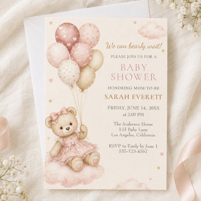 Convite Chuva de Balão de Urso de Pelúcia Rosa para Chá de (Pink Teddy Bear Balloon Girl Baby Shower Invitation)