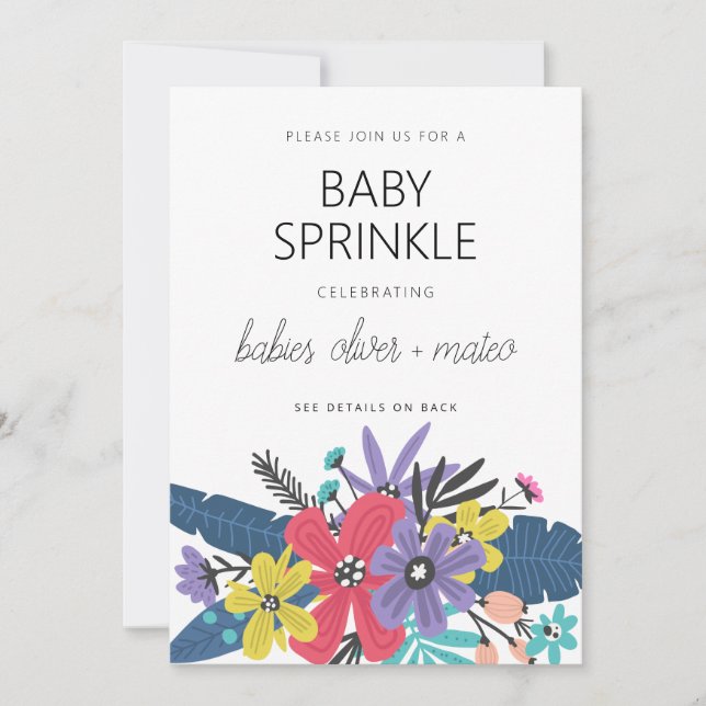 Convite Chuva de Balas Modernos de Flores Boho para Gêmeos (Frente)