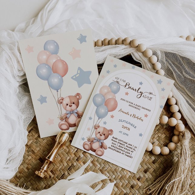 Convite Chuva de Balões Azuis e Rosa de Urso Teddy Boho Vi (Criador carregado)