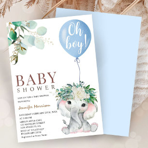 Convite Chuva de Balões Azul Elefante Baby Shower Menino