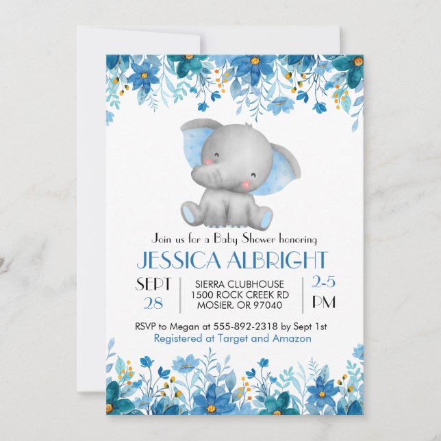 Convite Chuva de Balões Azul Elefante Menino Baby Shower  (Frente)