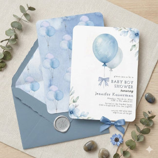 Convite Chuva de Balões de Aquarela Azul Menino Chá de Beb