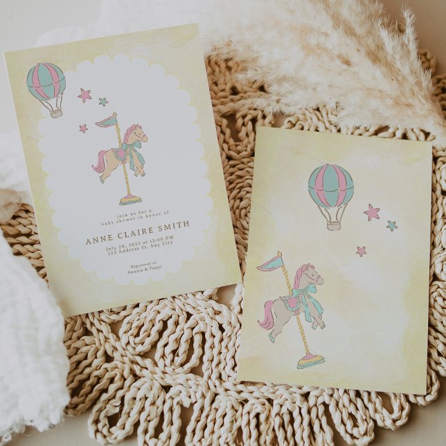 Convite Chuva de Balões de Carrossel Mágico para Chás de B (Whimsical Carousel Baloon Stars Baby Shower Invitation)