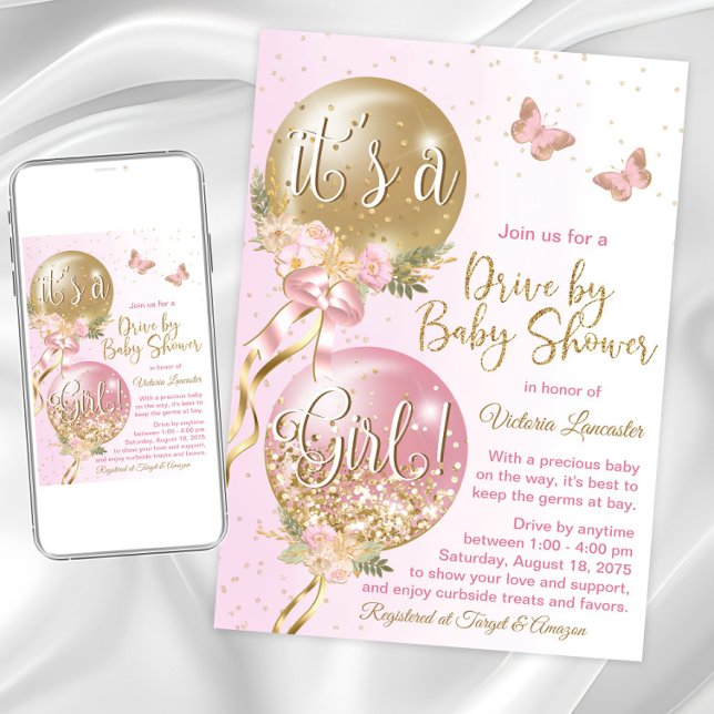 Convite Chuva de Balões de Ouro Rosa Festa de Bebê Borbole (Cute pink gold drive by shower  invitation. Instant download and printed invitations available.)