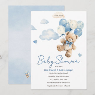 Convite Chuva de Balões de Urso Chá de Bebê Nuvem Aquarela
