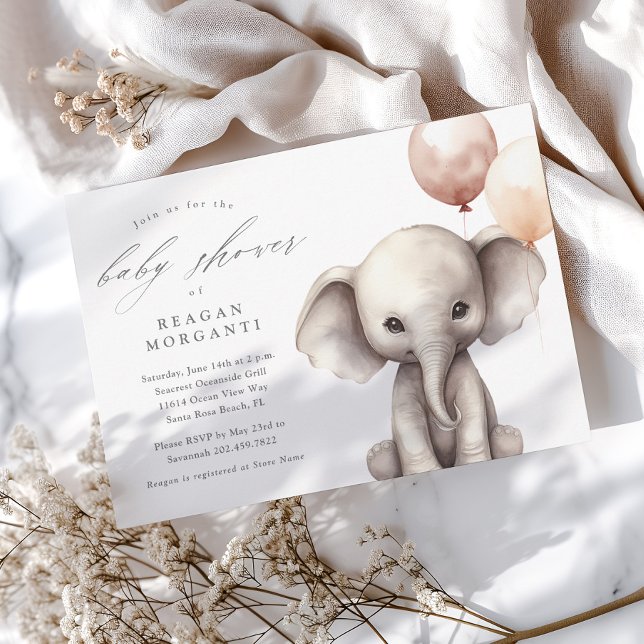 Convite Chuva de Balões Elefante Simples para Chá de Bebê  (Simple Gender Neutral Elephant Baby Shower Invitations.)