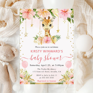 Convite Chuva de Balões Floral Aquarela Girafa Jungle Baby
