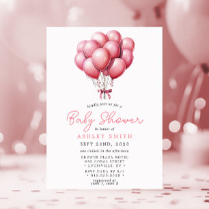 Convite Chuva de Balões Rosa em Aquarela para Chás de Bebê