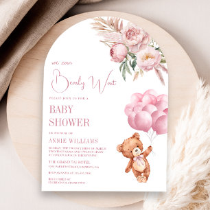 Convite Chuva de Balões Rosa Urso de Pelúcia Arco Floral C