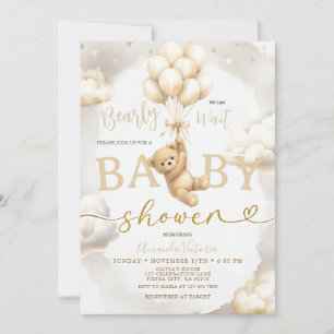 Convite Chuva de Balões Urso Neutro Bege Boho Baby Shower