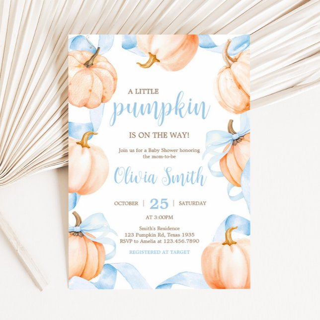 Convite Chuva de Bebê Abóbora com Laço Azul (Blue Bow Pumpkin Baby Shower invitation)