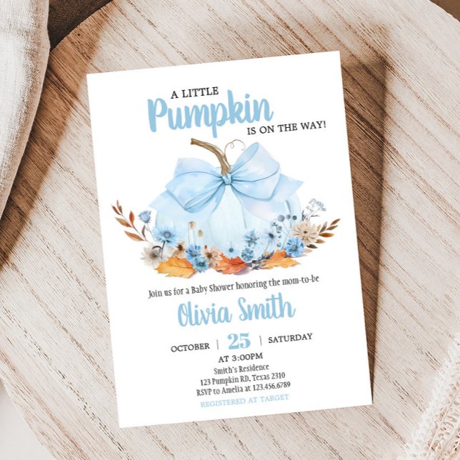 Convite Chuva de Bebê Abóbora com Laço Azul (Boy Bow Pumpkin Baby Shower Invitation)