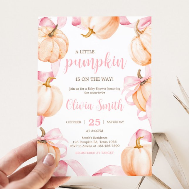 Convite Chuva de Bebê Abóbora com Laço Rosa (Pink Bow Pumpkin Baby Shower Invitation)