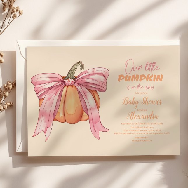 Convite Chuva de Bebê Abóbora com Laço Rosa Retrô (Criador carregado)