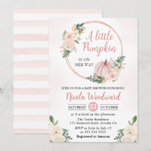 Convite Chuva de Bebê Abóbora Floral Rosa e Creme