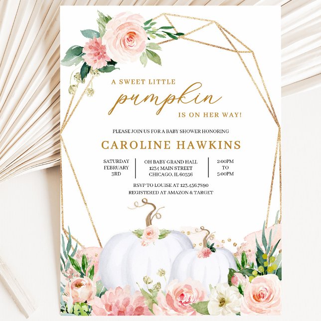 Convite Chuva de Bebê Abóbora Floral Rosa e Dourado (Criador carregado)