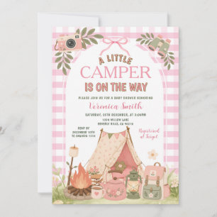 Convite Chuva de Bebê Acampamento Menina Xadrez Rosa