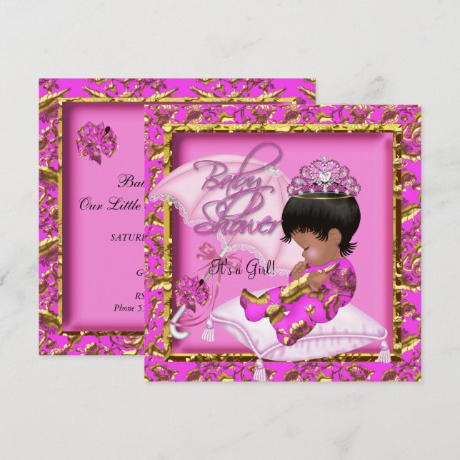 Convite Chuva de Bebê Afro-Americana Fofa Rosa Dourado (Frente/Verso)