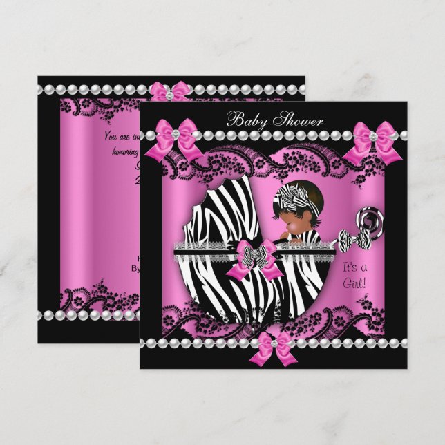 Convite Chuva de Bebê Afro-Americana Menina Fofo Zebra Ros (Frente/Verso)