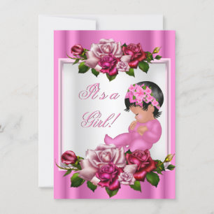 Convite Chuva de Bebê Afro-Americana Menina Rosas Rosa