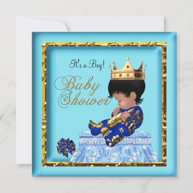 Convite Chuva de Bebê Afro-Americano Azul Dourado Menino (Frente)