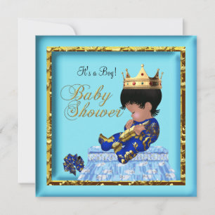 Convite Chuva de Bebê Afro-Americano Azul Dourado Menino