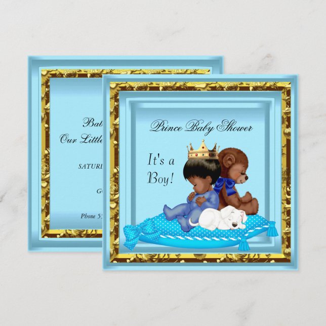 Convite Chuva de Bebê Afro-Americano Azul Dourado Príncipe (Frente/Verso)