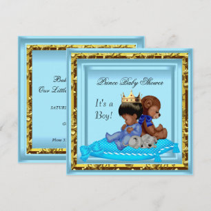 Convite Chuva de Bebê Afro-Americano Azul Dourado Príncipe
