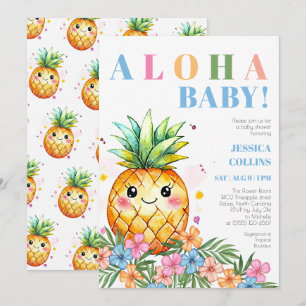 Convite Chuva de Bebê Aloha Azul Abacaxi de Verão Tropical