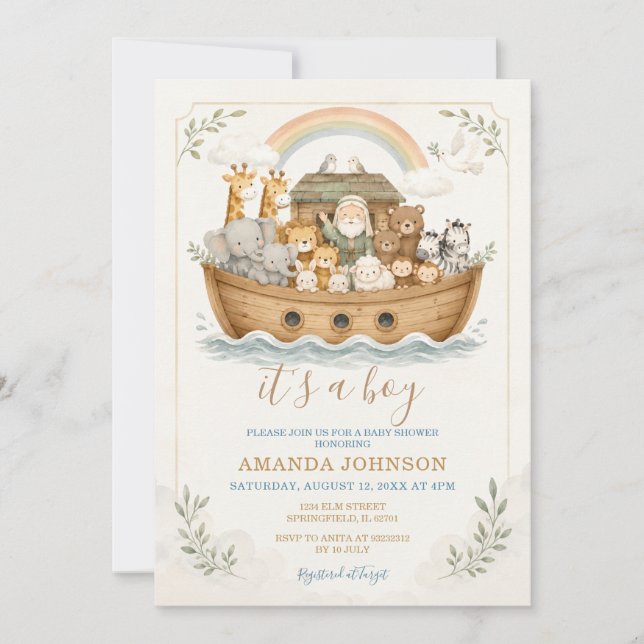 Convite Chuva de Bebê Animais da Arca de Aguarela (Frente)