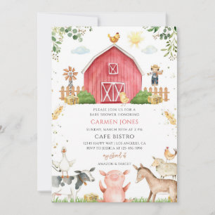 Convite Chuva de Bebê Animais da Fazenda do Celeiro Vermel
