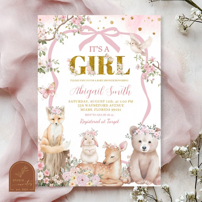 Convite Chuva de bebê animais da floresta arco rosa coquet (Criador carregado)