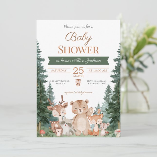 Convite Chuva de Bebê Animais da Floresta Boho (Em pé/Frente)