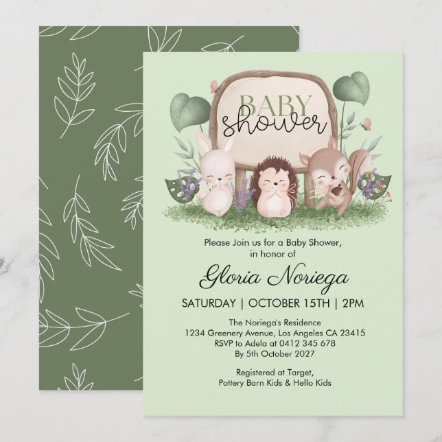 Convite Chuva de Bebê Animais da Floresta com Vegetação Mo (Frente/Verso)