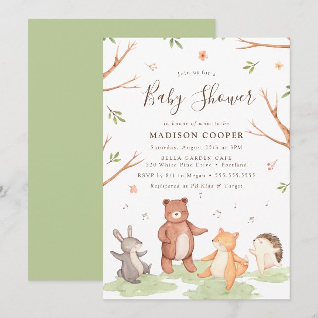 Convite Chuva de Bebê Animais da Floresta Dançantes (Frente/Verso)