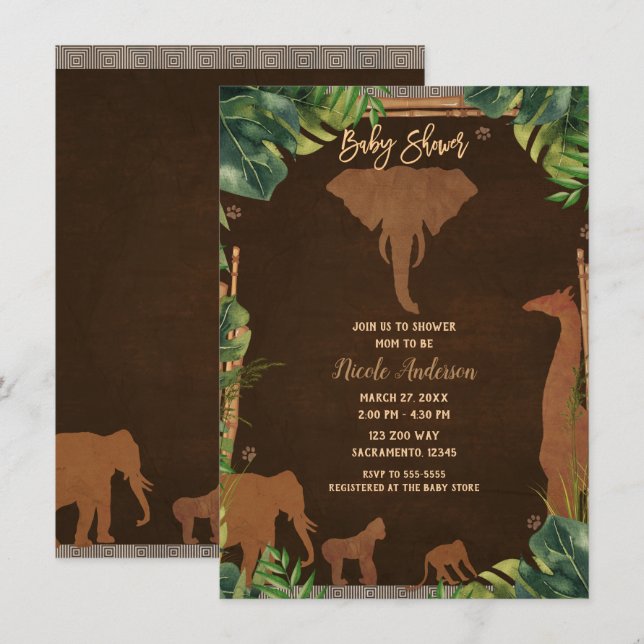 Convite Chuva de Bebê Animais de Zoológico de Selva Safari (Frente/Verso)