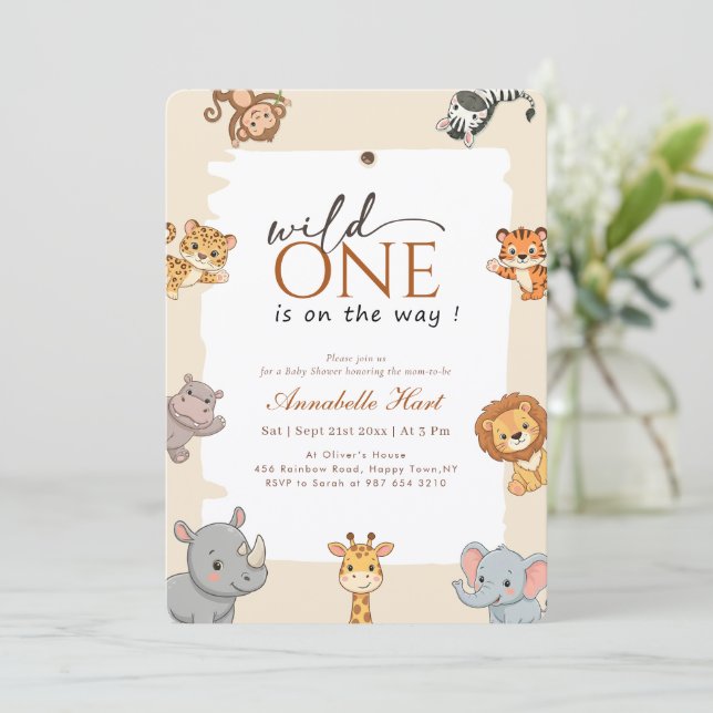 Convite Chuva de Bebê Animais Folhagens Wild One (Em pé/Frente)