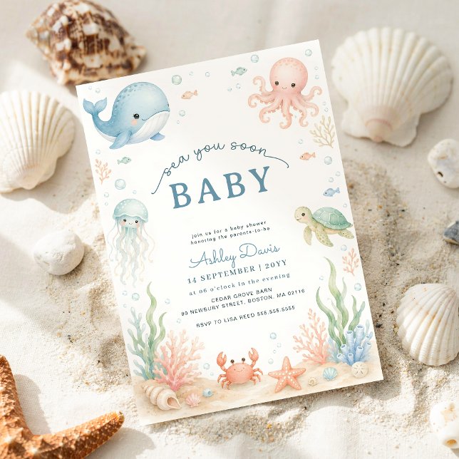 Convite Chuva de Bebê Animais Marinhos Aquarela (Criador carregado)