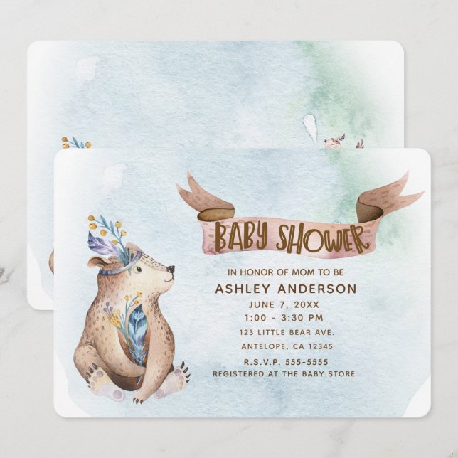 Convite Chuva de Bebê Animais Rústicos Urso Boho Aquarela (Frente/Verso)