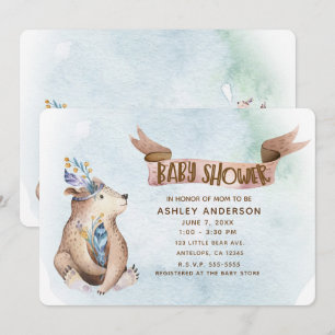 Convite Chuva de Bebê Animais Rústicos Urso Boho Aquarela
