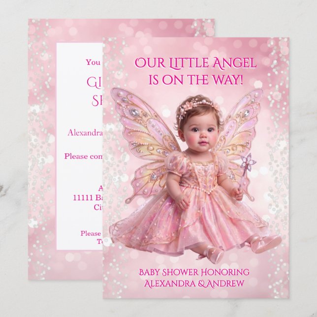 Convite Chuva de Bebê Anjo Asas de Fada Rosa Dourado (Frente/Verso)