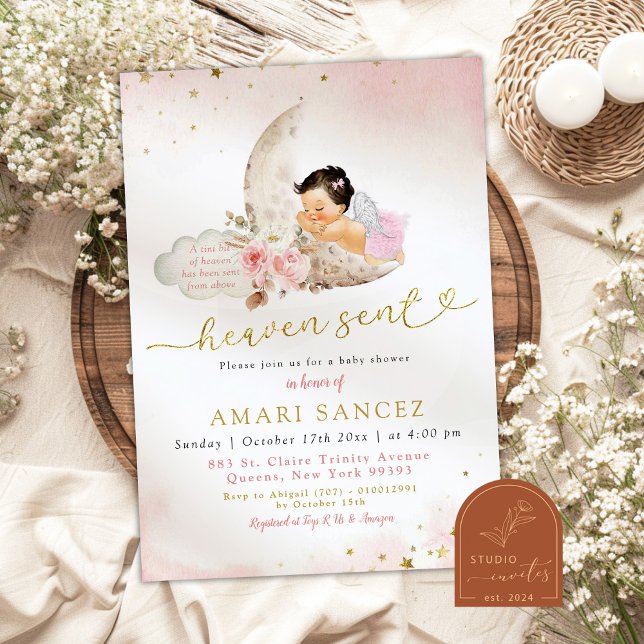 Convite Chuva de Bebê Anjo Menina Mexicana Boho Rosa Lua (Criador carregado)